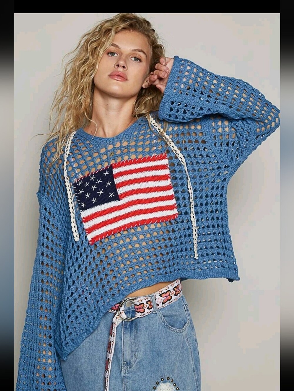 POL American Flag Open Knit Crochet Sweater Top Boho Size M